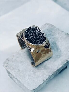 Textured Cuff Bangle Bracelet with Black Pavé Disc NWT